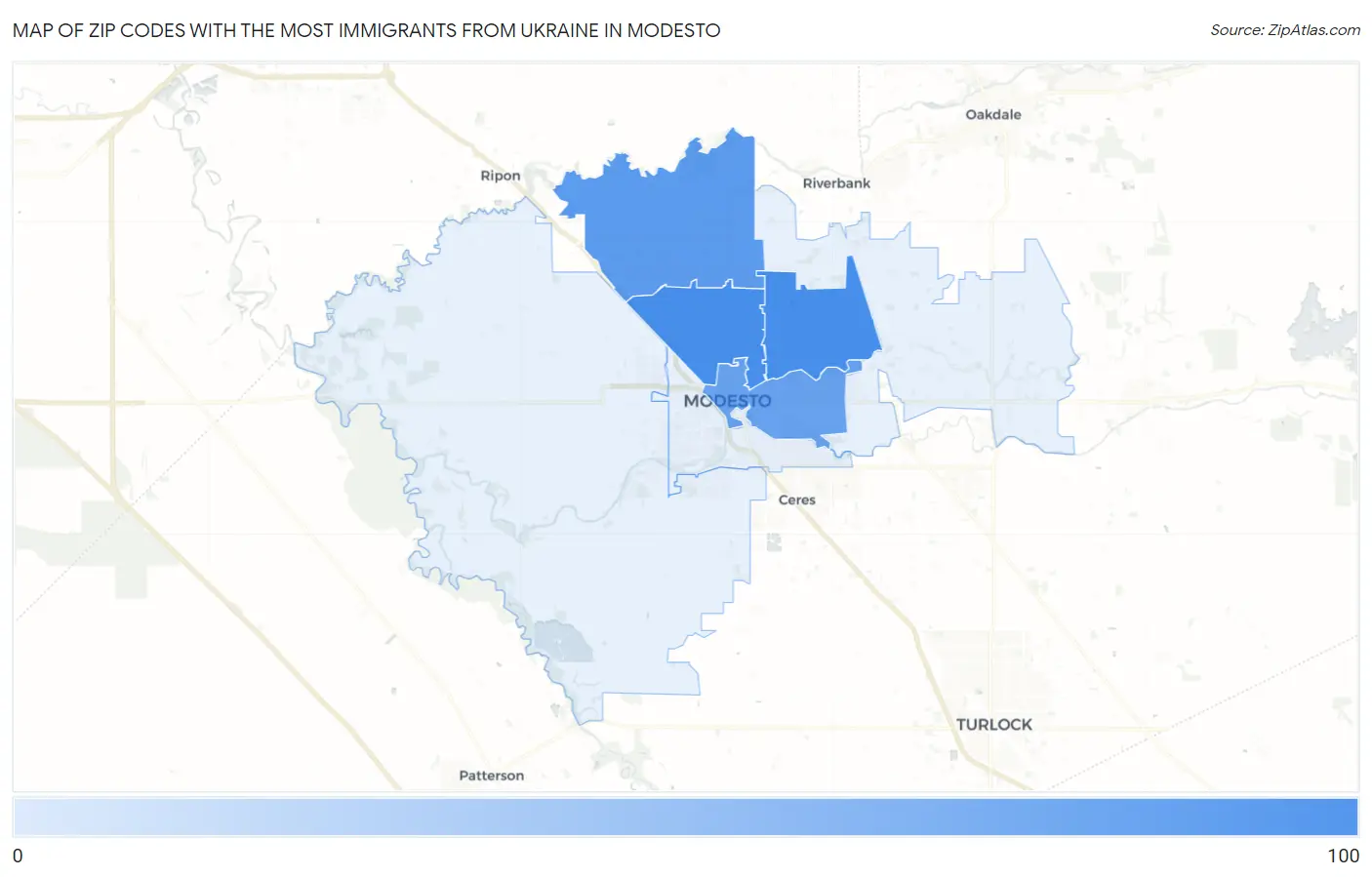 Zip Codes with the Most Immigrants from Ukraine in Modesto Map