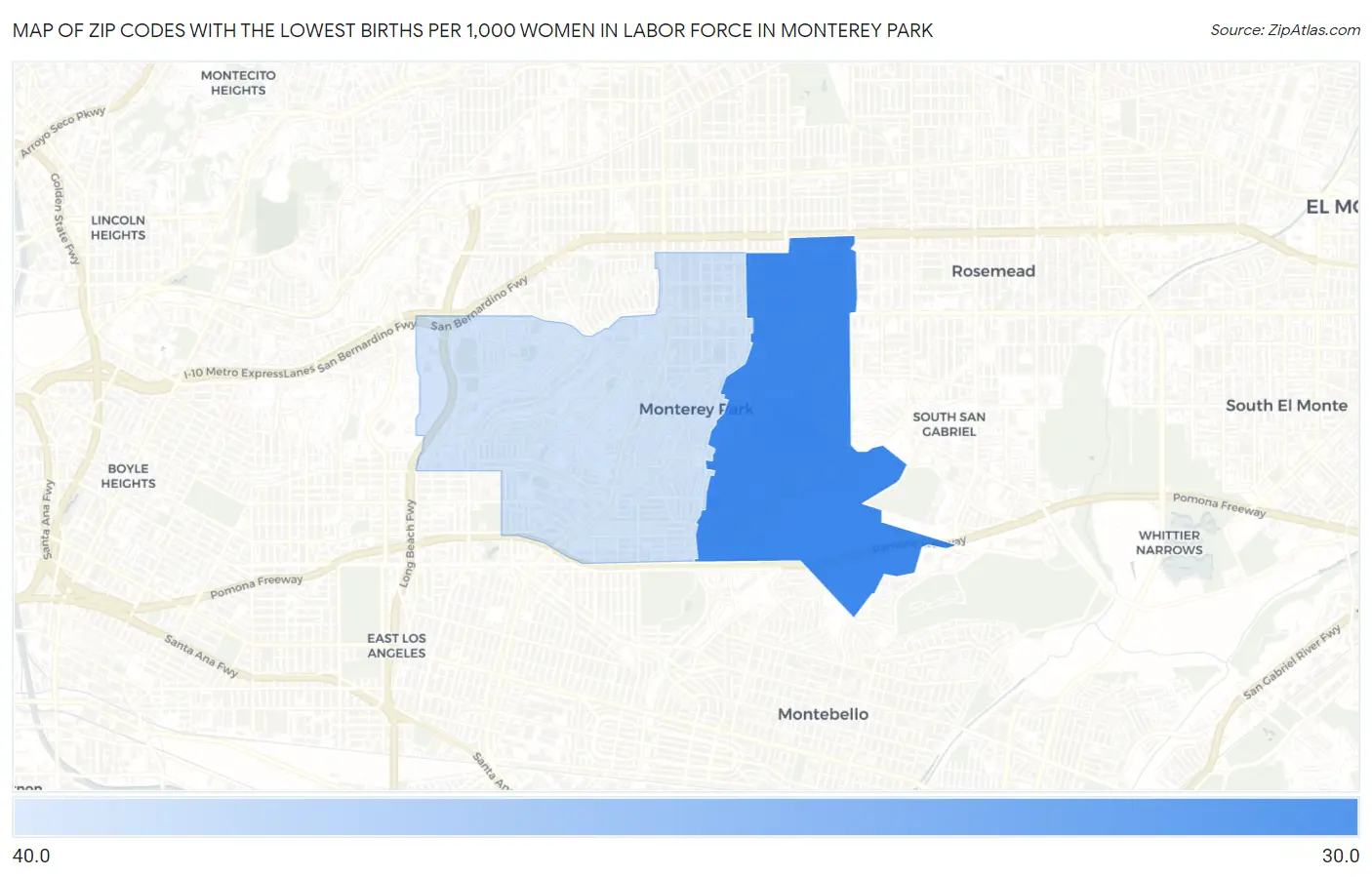 Zip Codes with the Lowest Births per 1,000 Women in Labor Force in Monterey Park Map