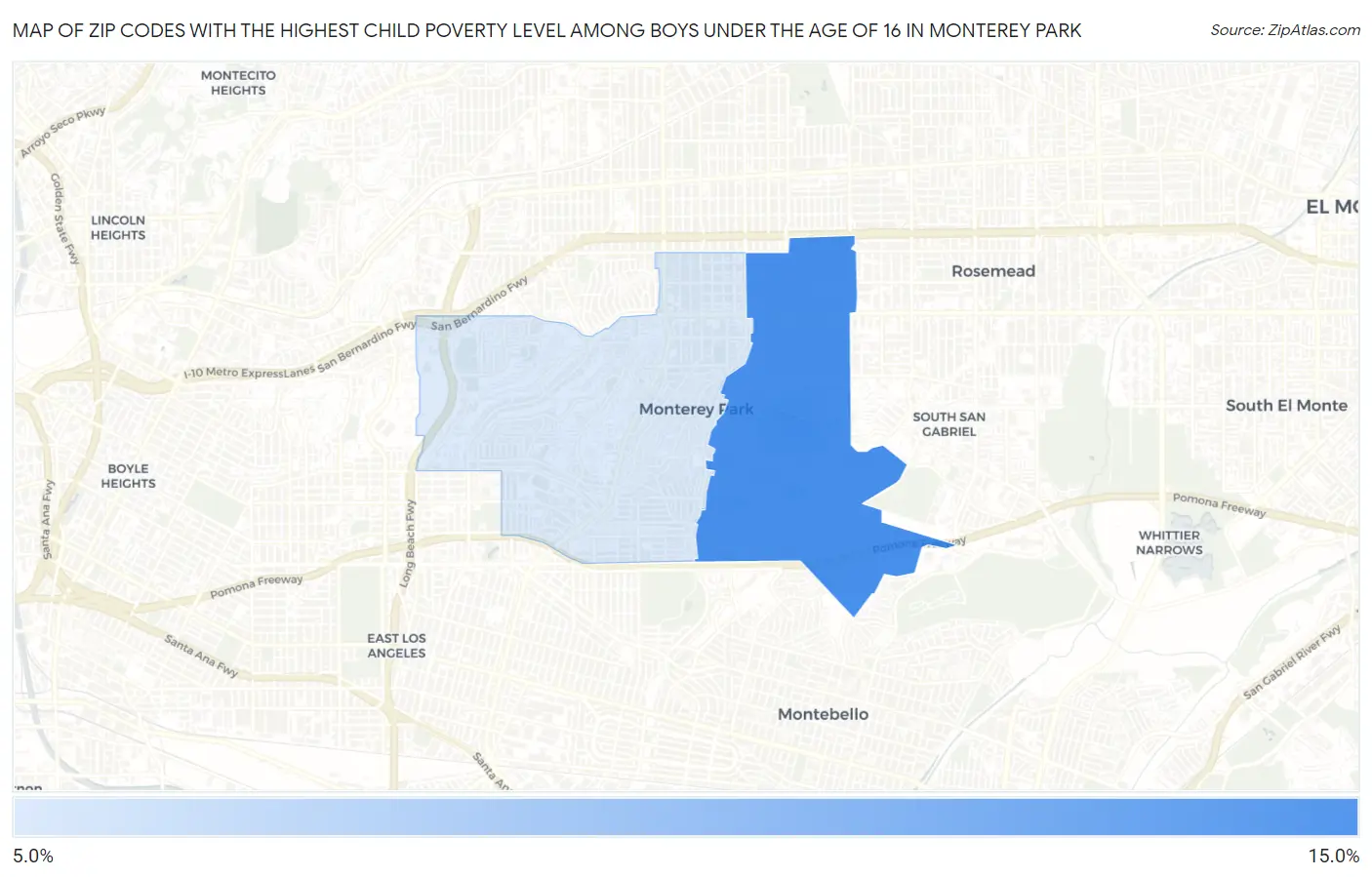 Zip Codes with the Highest Child Poverty Level Among Boys Under the Age of 16 in Monterey Park Map