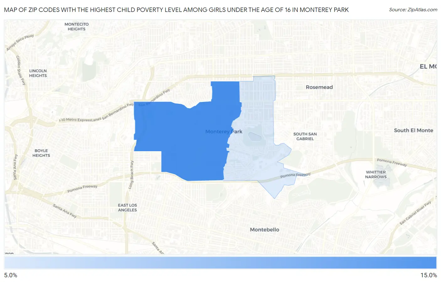 Zip Codes with the Highest Child Poverty Level Among Girls Under the Age of 16 in Monterey Park Map
