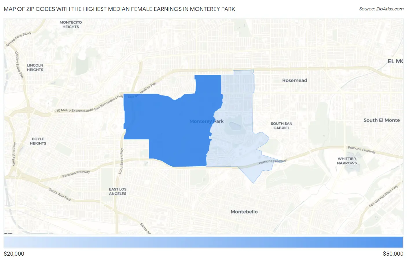 Zip Codes with the Highest Median Female Earnings in Monterey Park Map