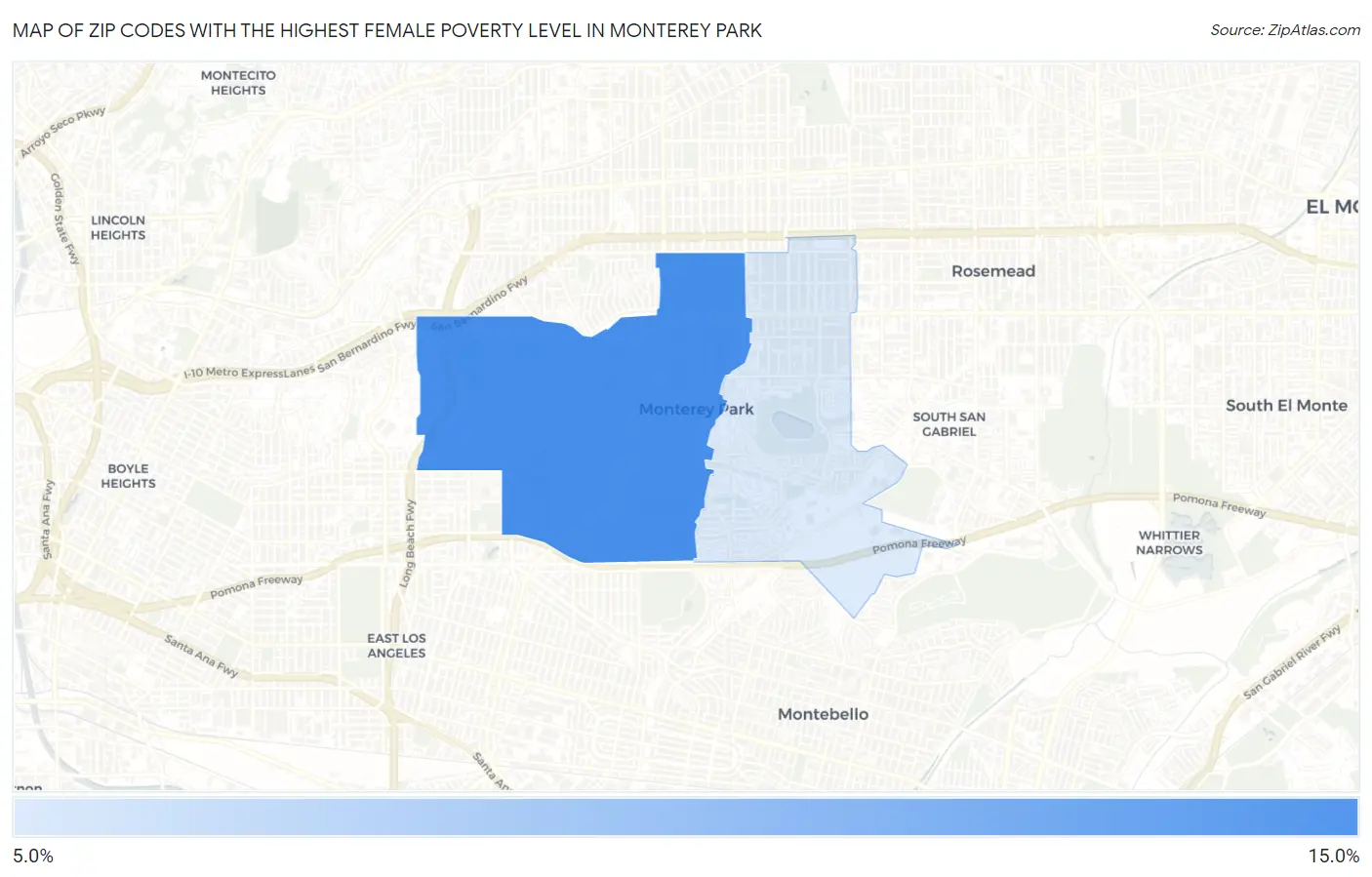 Zip Codes with the Highest Female Poverty Level in Monterey Park Map