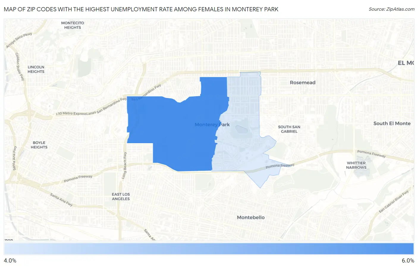 Zip Codes with the Highest Unemployment Rate Among Females in Monterey Park Map
