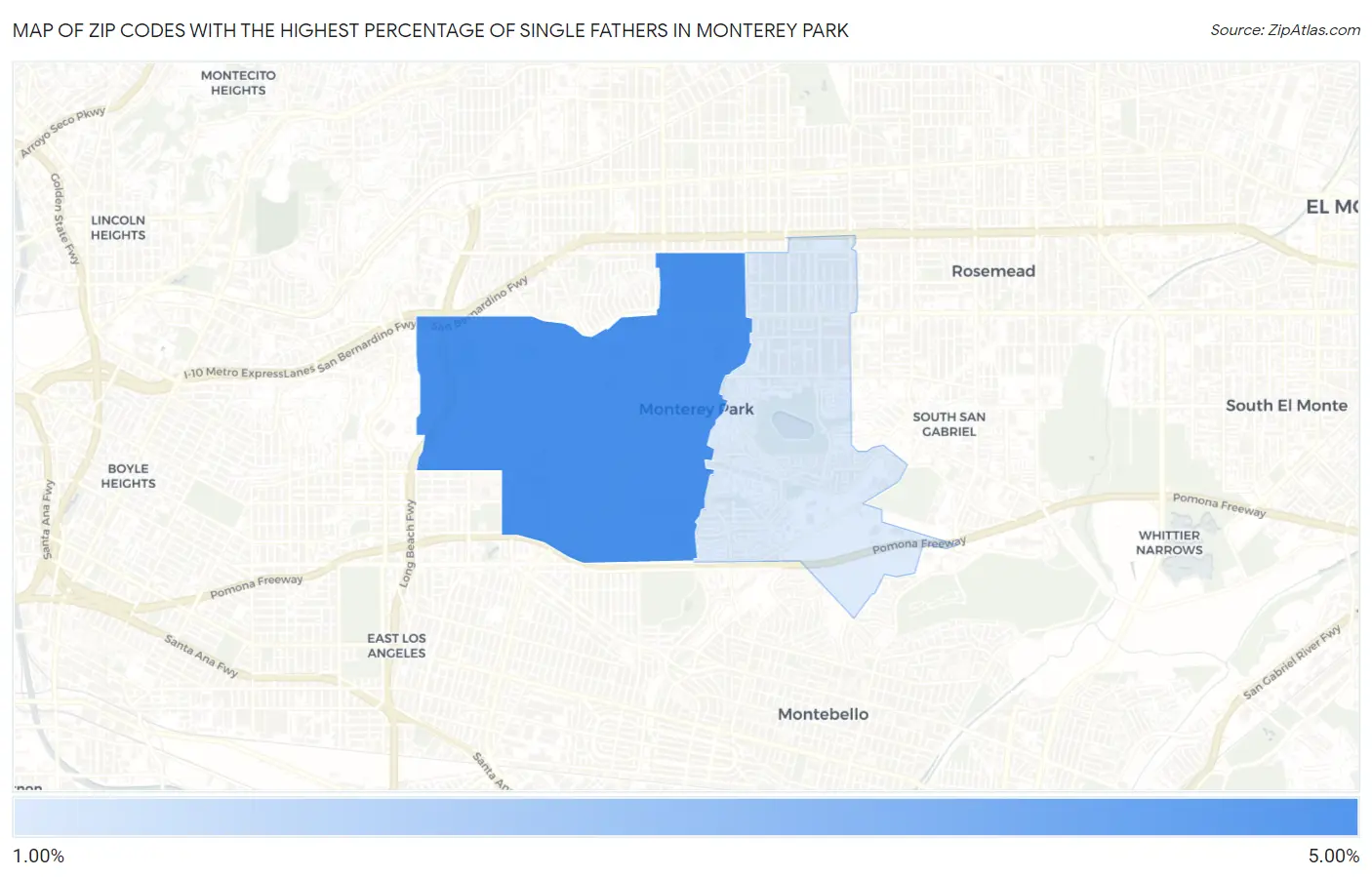 Zip Codes with the Highest Percentage of Single Fathers in Monterey Park Map