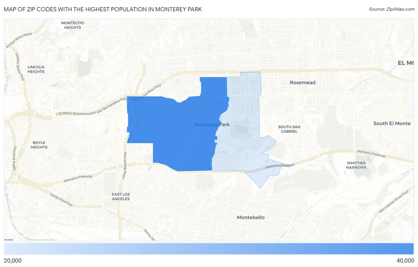 Zip Codes with the Highest Population in Monterey Park Map