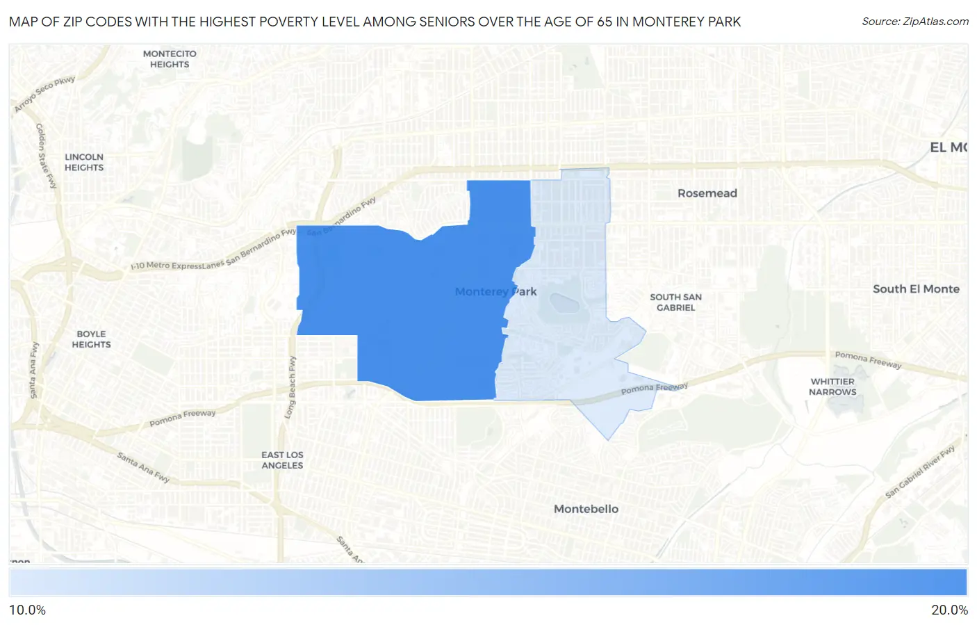 Zip Codes with the Highest Poverty Level Among Seniors Over the Age of 65 in Monterey Park Map