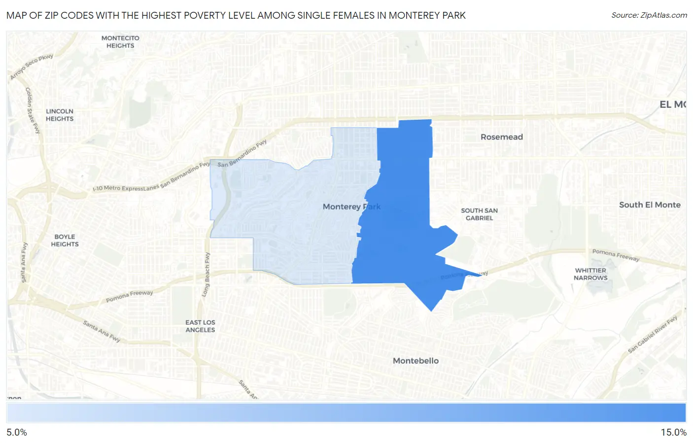Zip Codes with the Highest Poverty Level Among Single Females in Monterey Park Map
