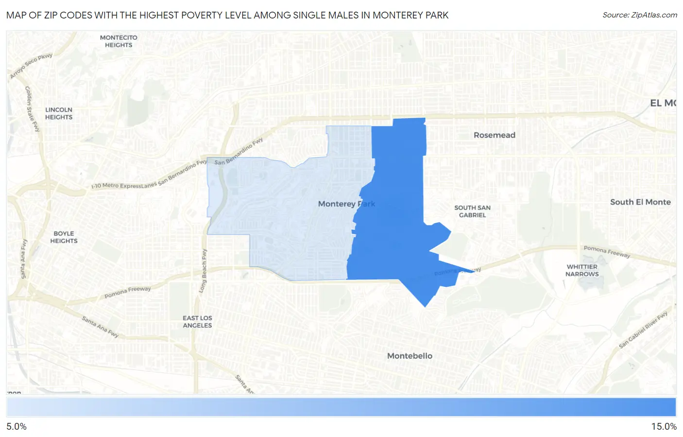 Zip Codes with the Highest Poverty Level Among Single Males in Monterey Park Map