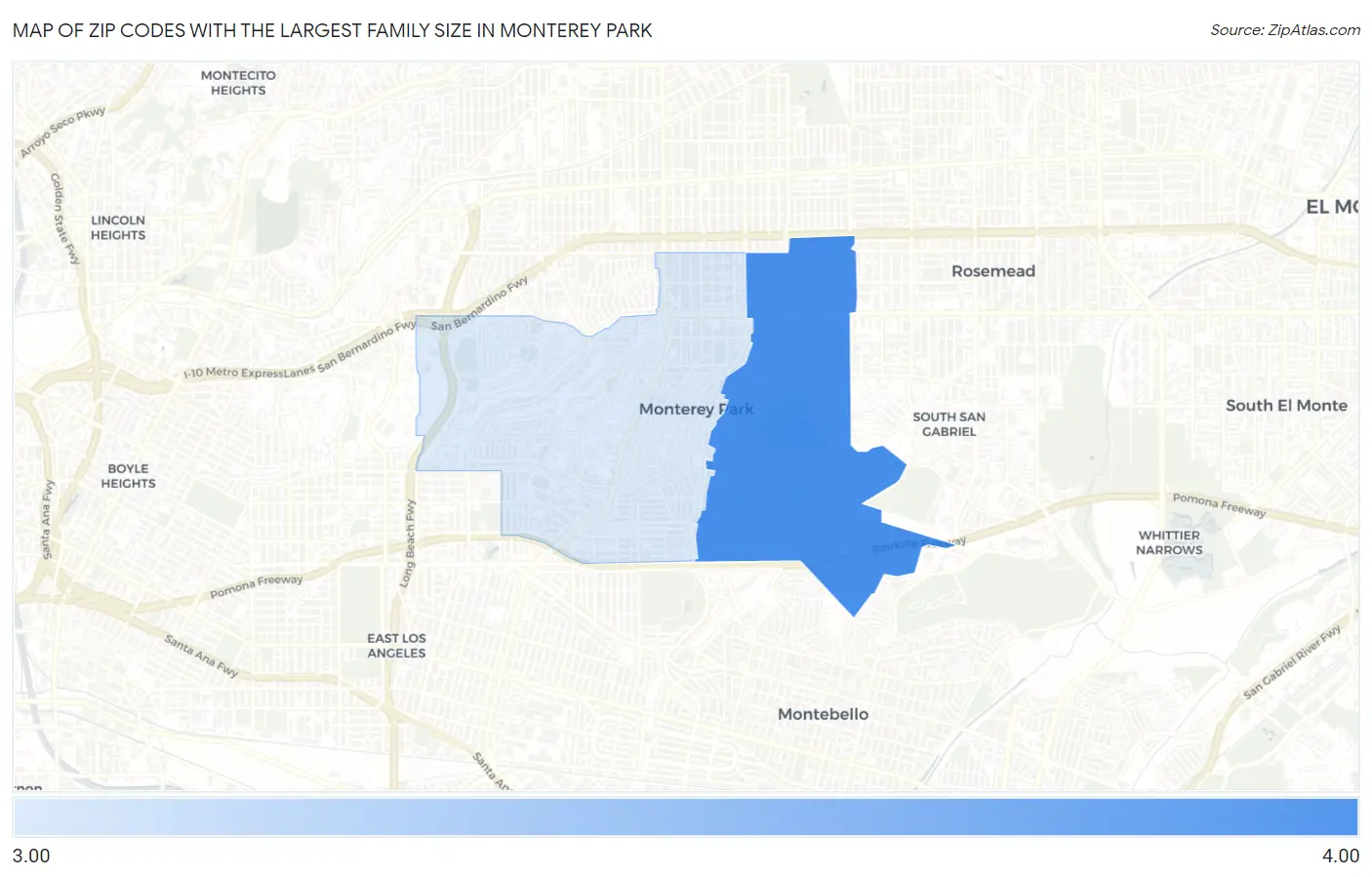 Zip Codes with the Largest Family Size in Monterey Park Map