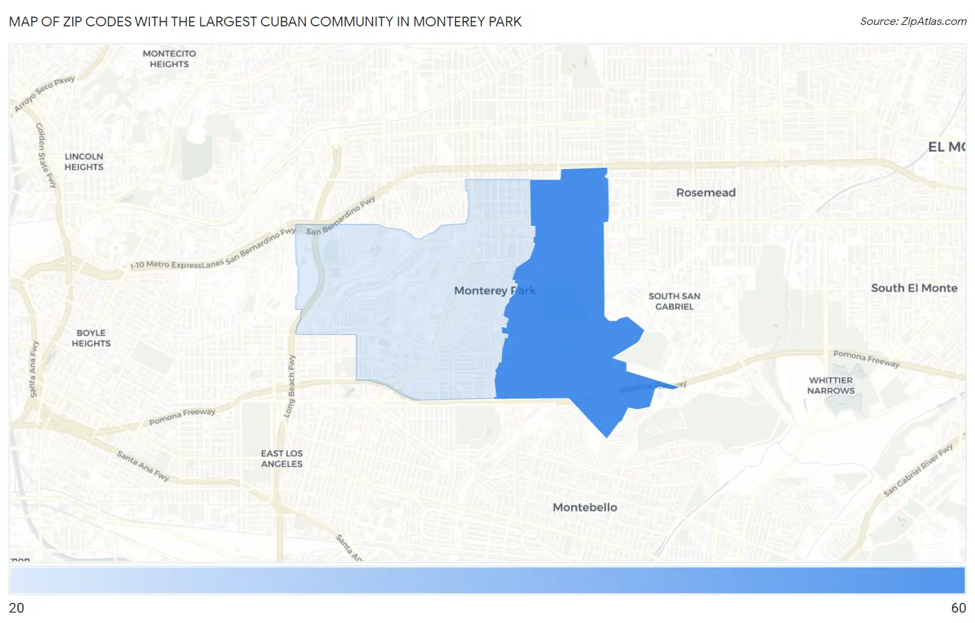 Zip Codes with the Largest Cuban Community in Monterey Park Map