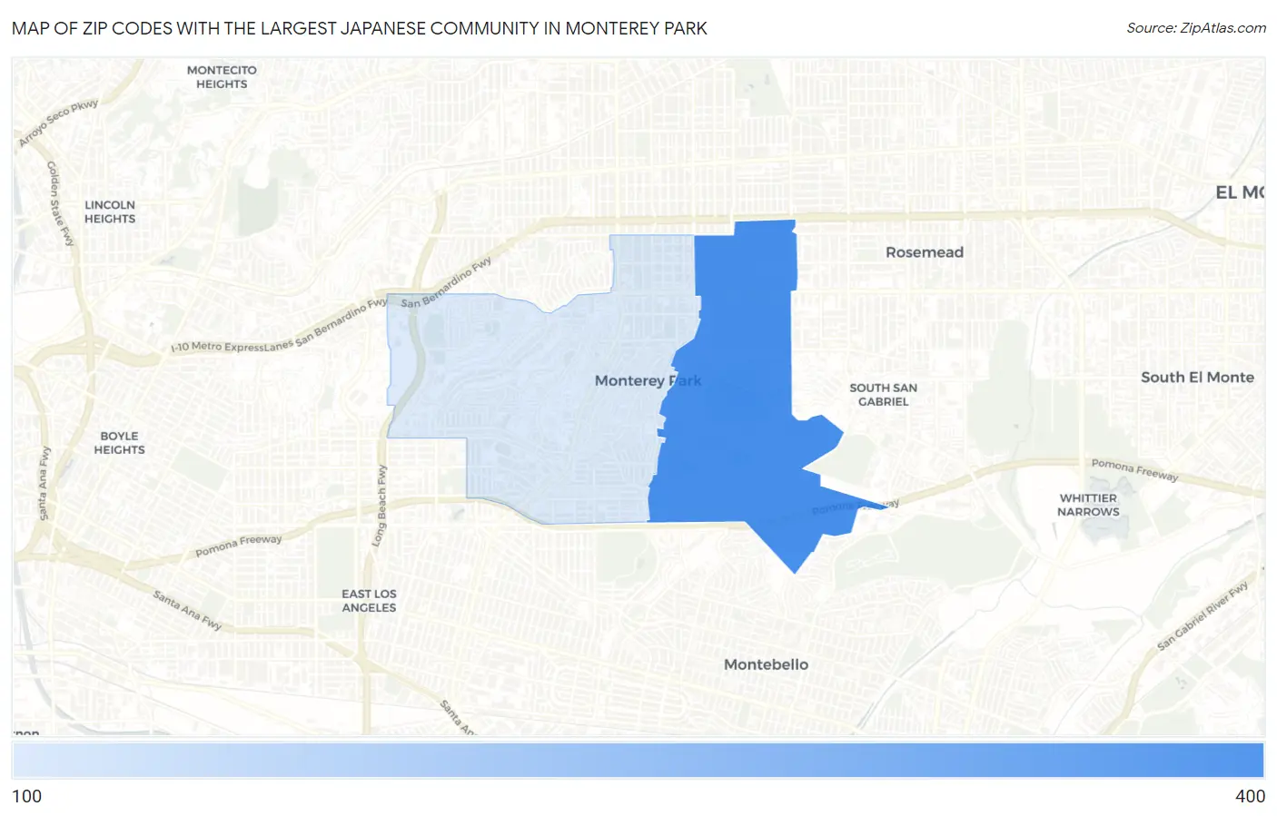 Zip Codes with the Largest Japanese Community in Monterey Park Map