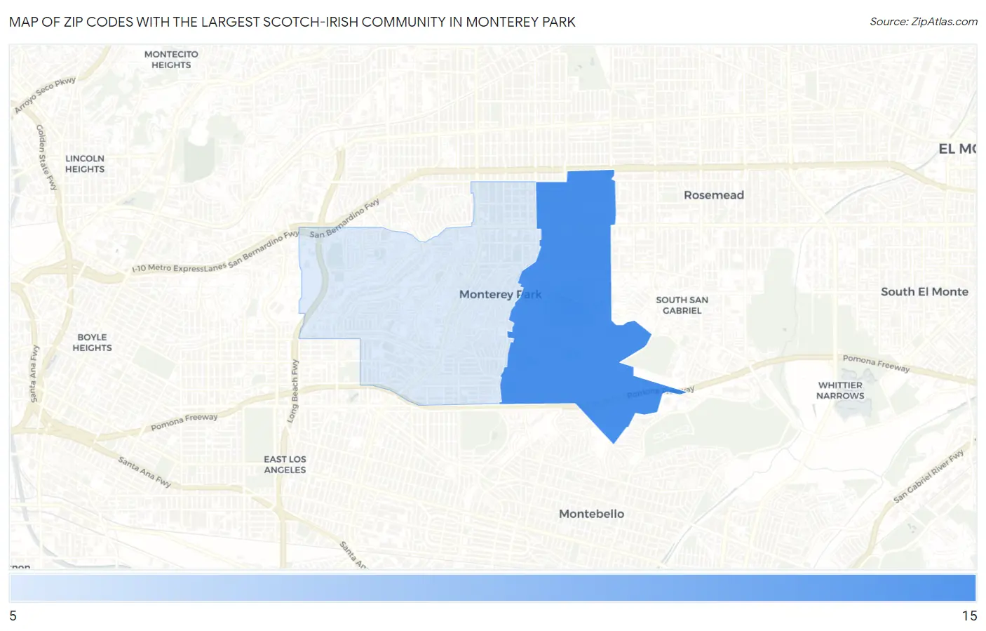 Zip Codes with the Largest Scotch-Irish Community in Monterey Park Map