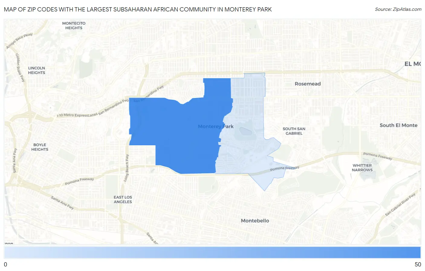 Zip Codes with the Largest Subsaharan African Community in Monterey Park Map