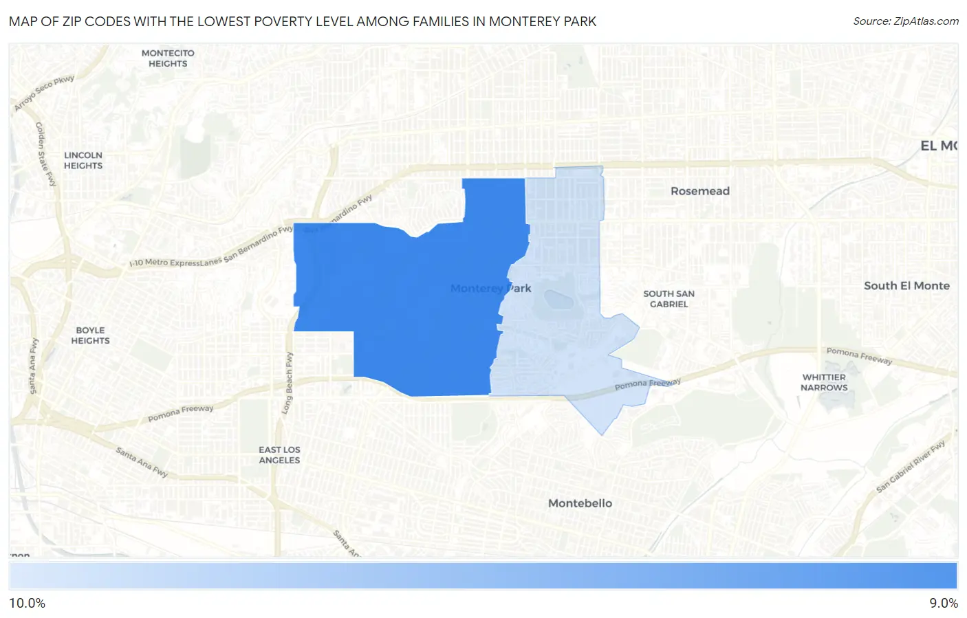 Zip Codes with the Lowest Poverty Level Among Families in Monterey Park Map