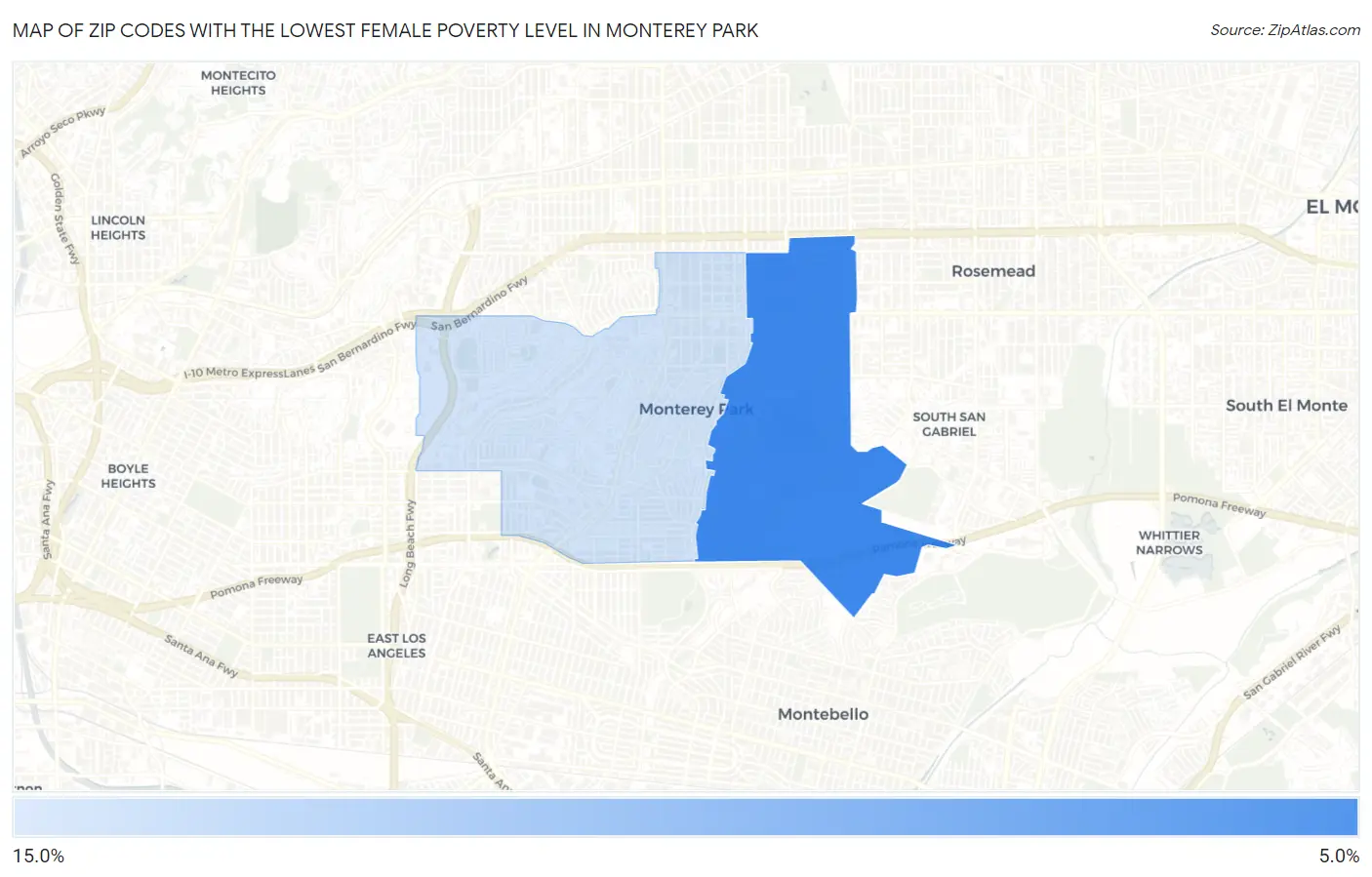 Zip Codes with the Lowest Female Poverty Level in Monterey Park Map