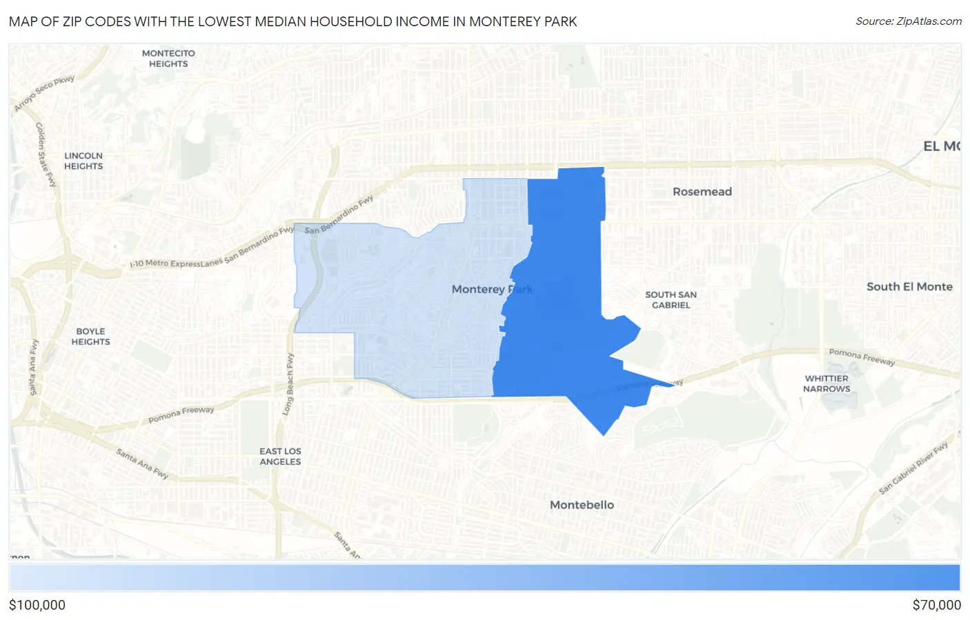 Zip Codes with the Lowest Median Household Income in Monterey Park Map
