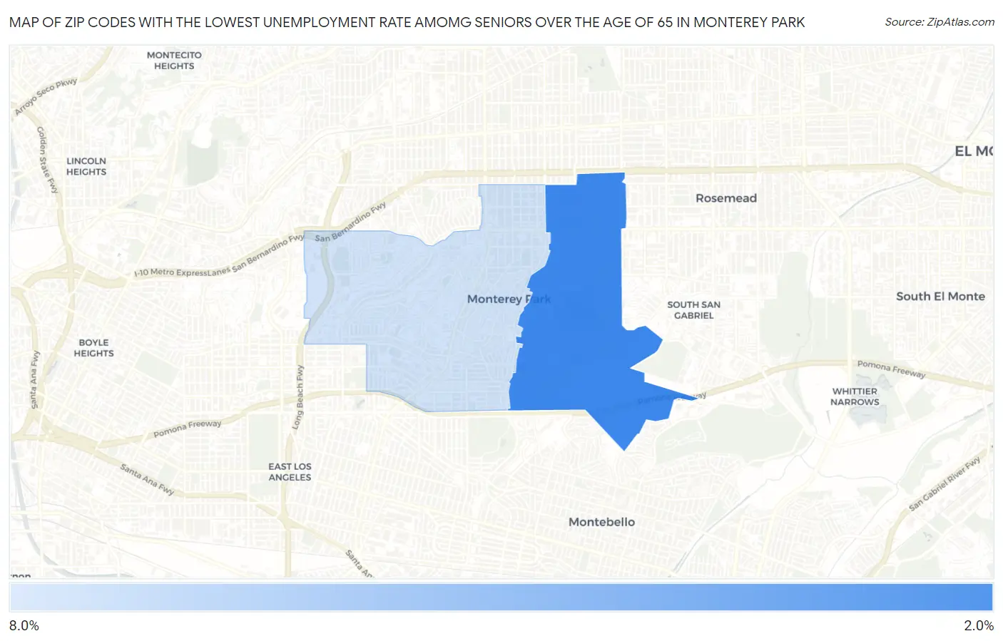 Zip Codes with the Lowest Unemployment Rate Amomg Seniors Over the Age of 65 in Monterey Park Map