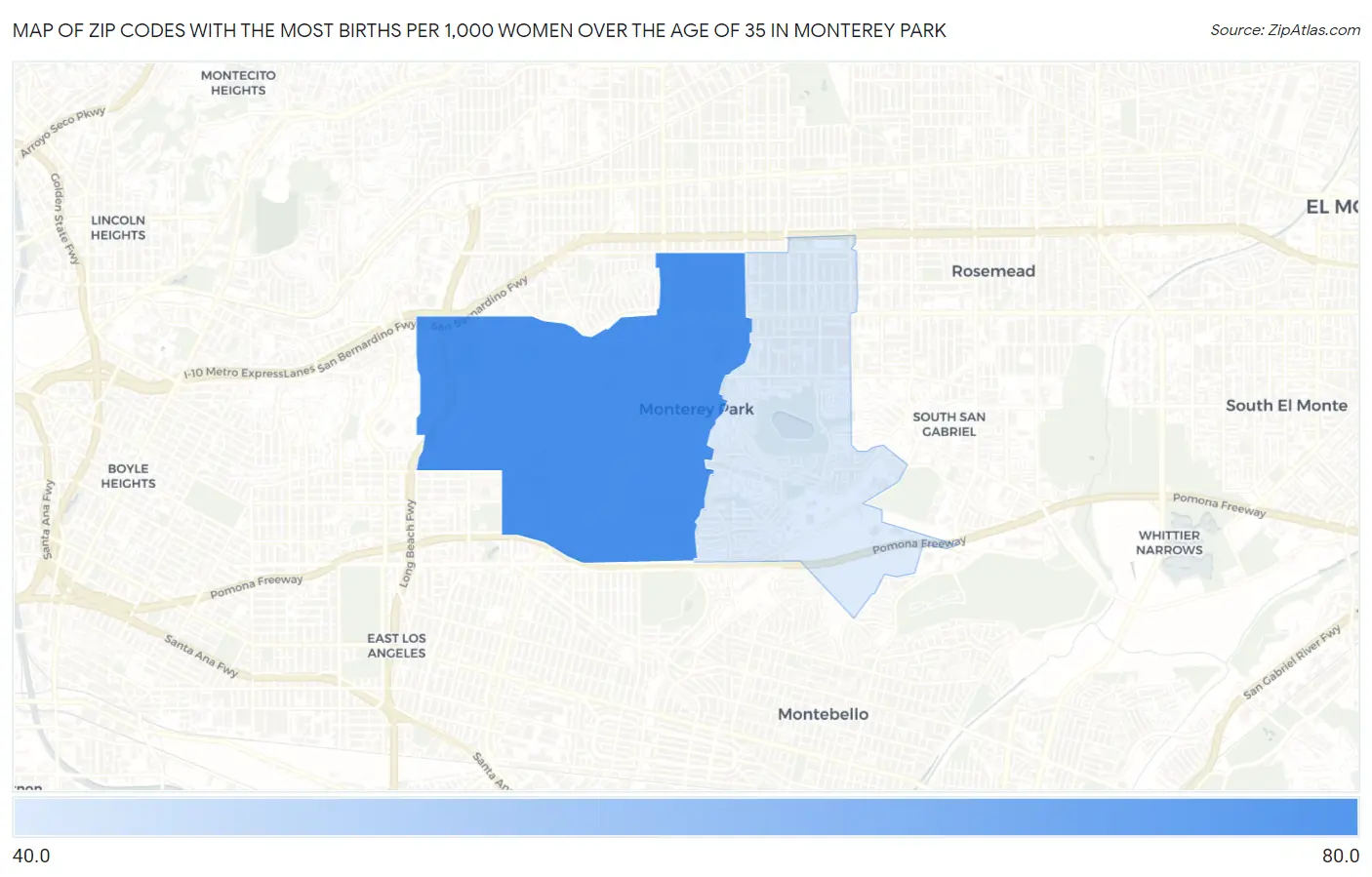 Zip Codes with the Most Births per 1,000 Women Over the Age of 35 in Monterey Park Map