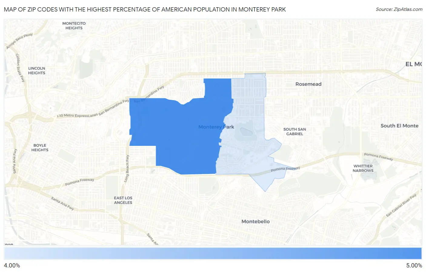 Zip Codes with the Highest Percentage of American Population in Monterey Park Map