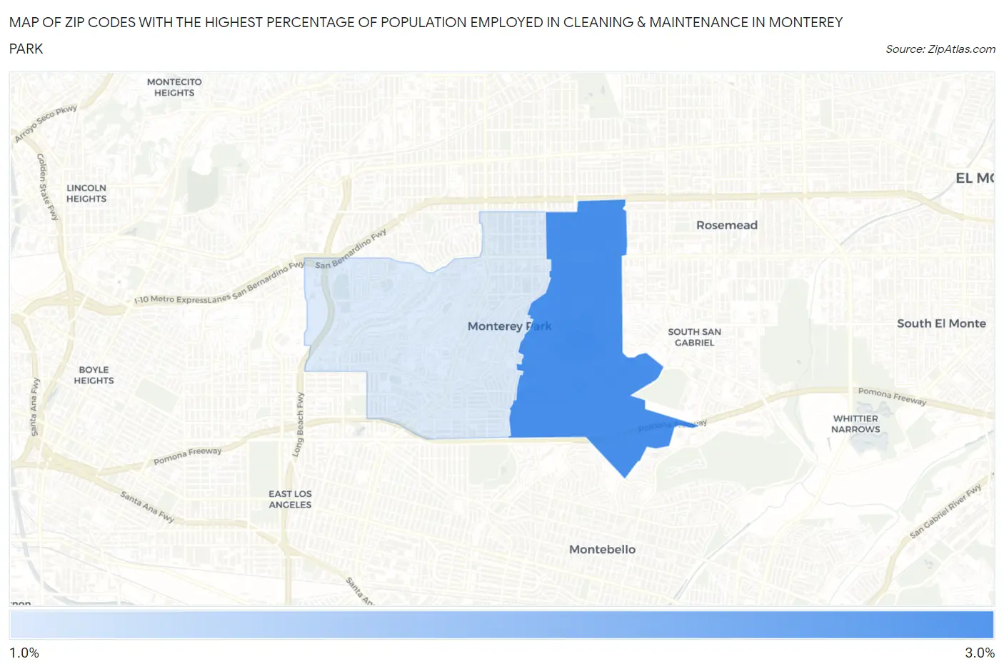 Zip Codes with the Highest Percentage of Population Employed in Cleaning & Maintenance in Monterey Park Map