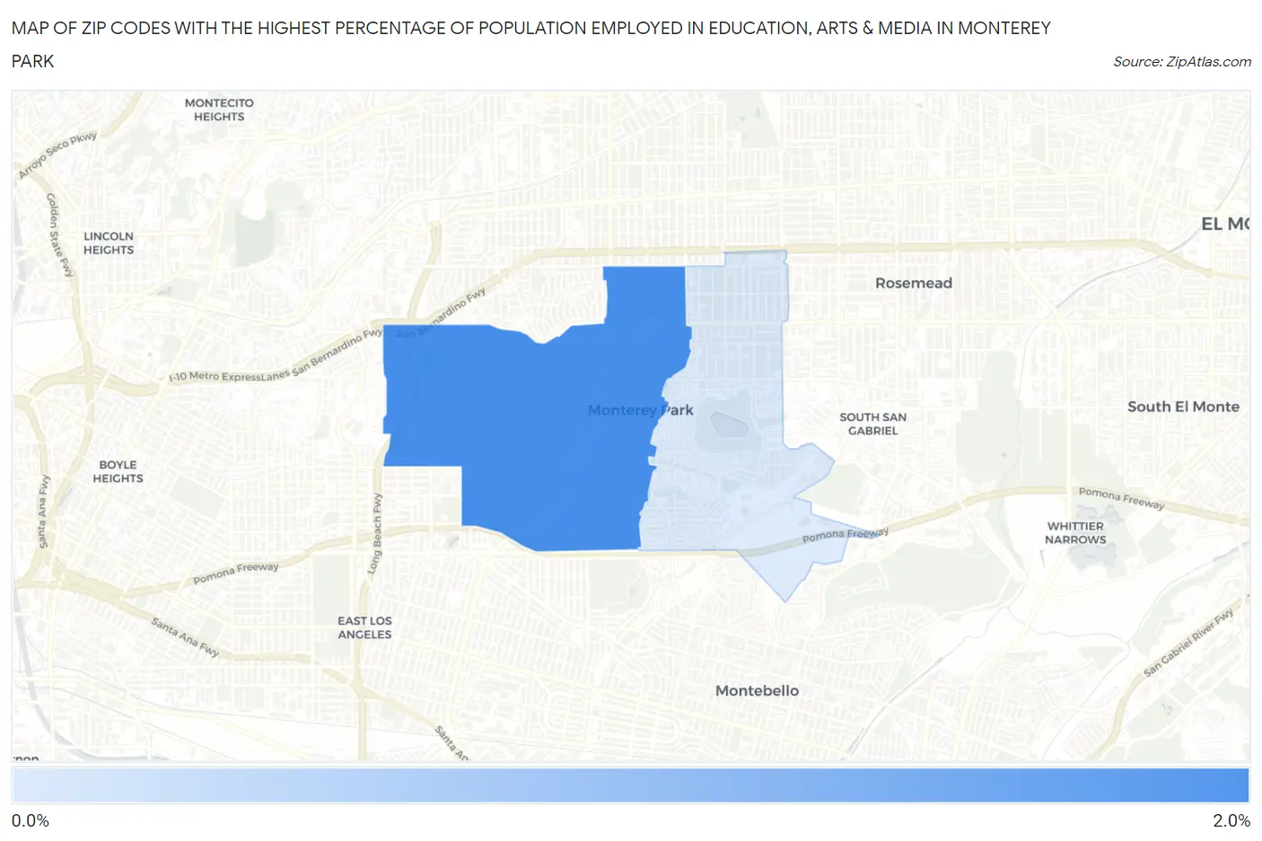 Zip Codes with the Highest Percentage of Population Employed in Education, Arts & Media in Monterey Park Map