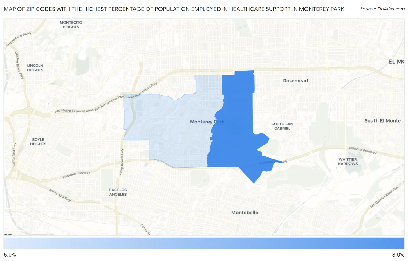 Zip Codes with the Highest Percentage of Population Employed in Healthcare Support in Monterey Park Map