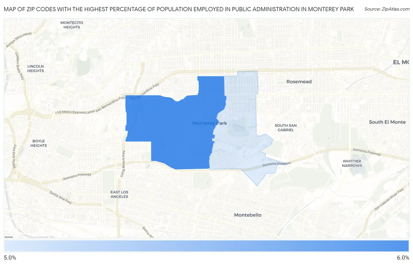 Zip Codes with the Highest Percentage of Population Employed in Public Administration in Monterey Park Map