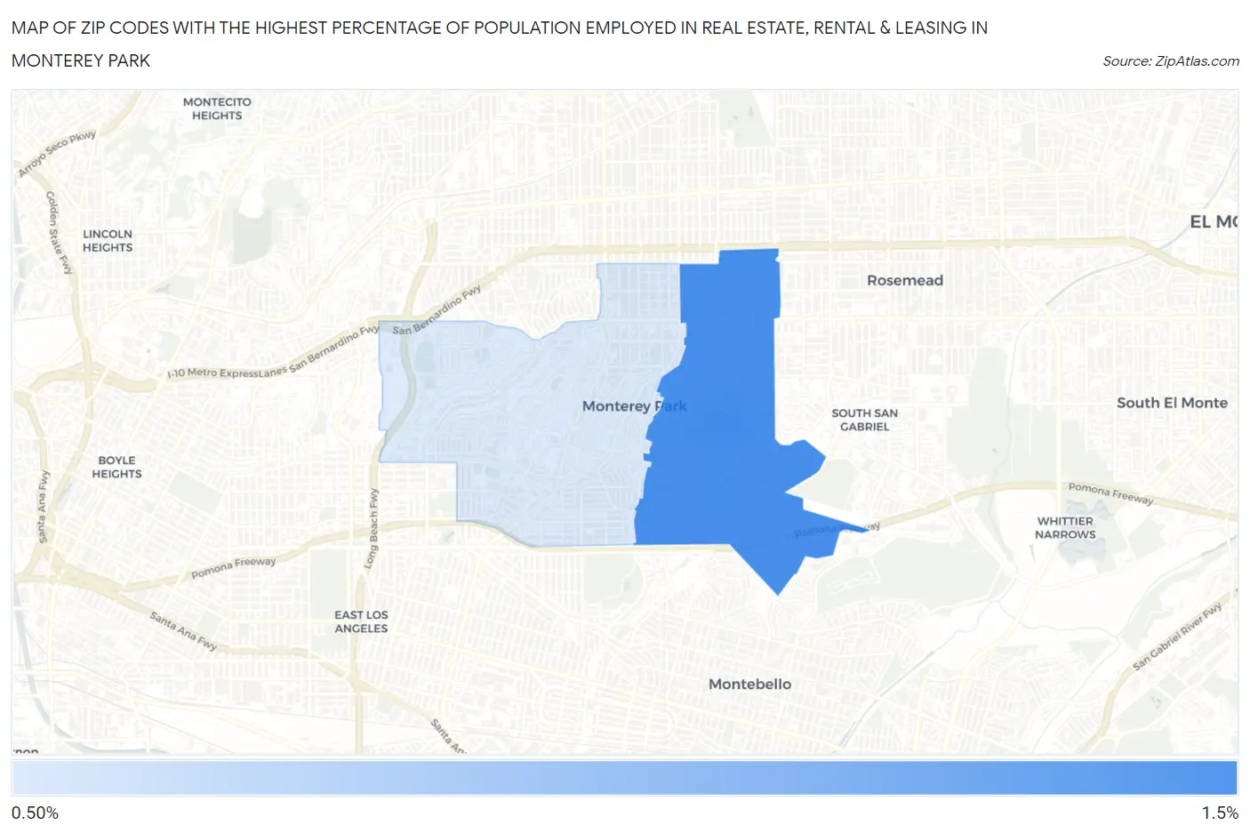 Zip Codes with the Highest Percentage of Population Employed in Real Estate, Rental & Leasing in Monterey Park Map