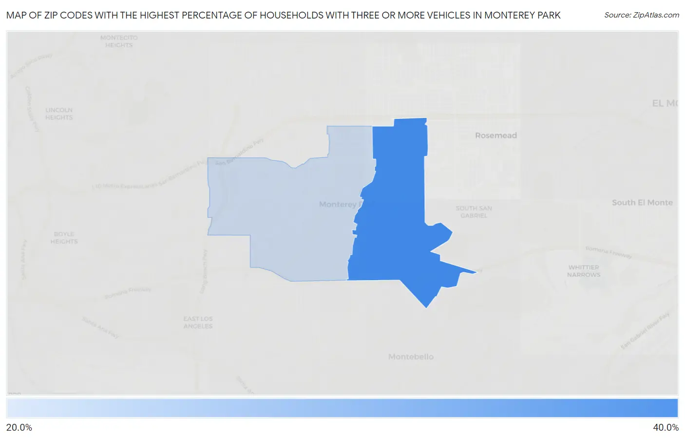 Zip Codes with the Highest Percentage of Households With Three or more Vehicles in Monterey Park Map