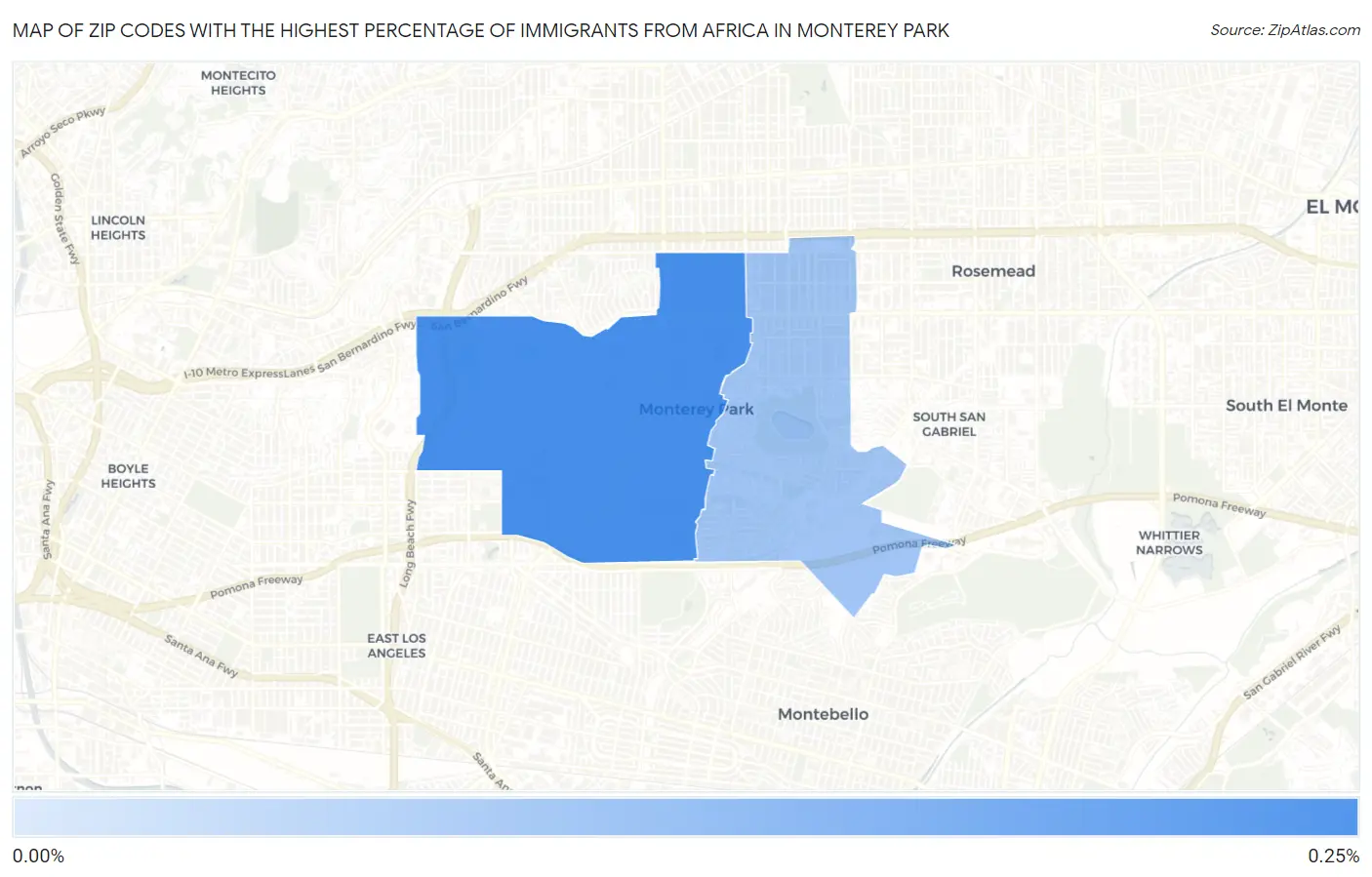 Zip Codes with the Highest Percentage of Immigrants from Africa in Monterey Park Map