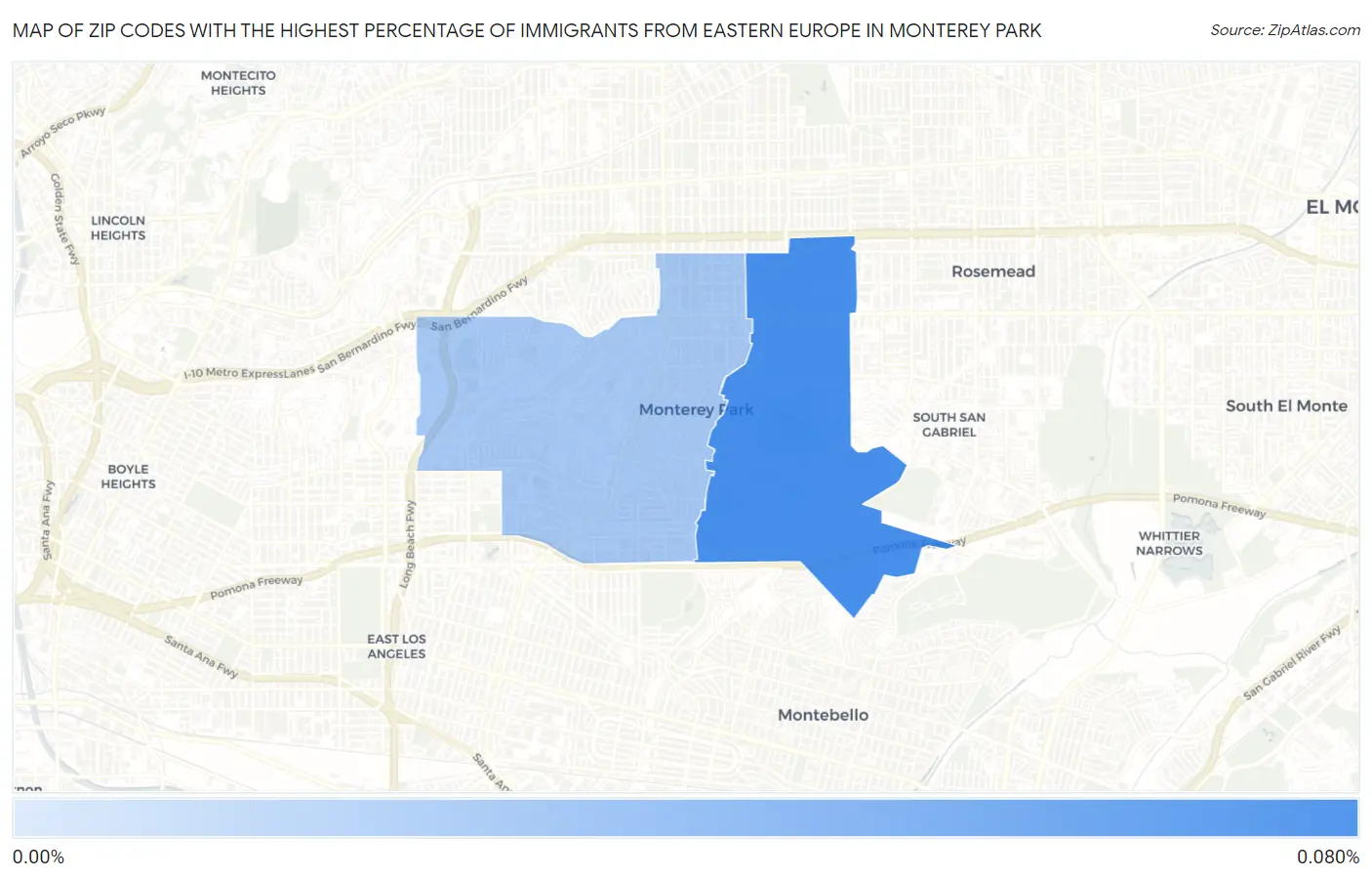 Zip Codes with the Highest Percentage of Immigrants from Eastern Europe in Monterey Park Map