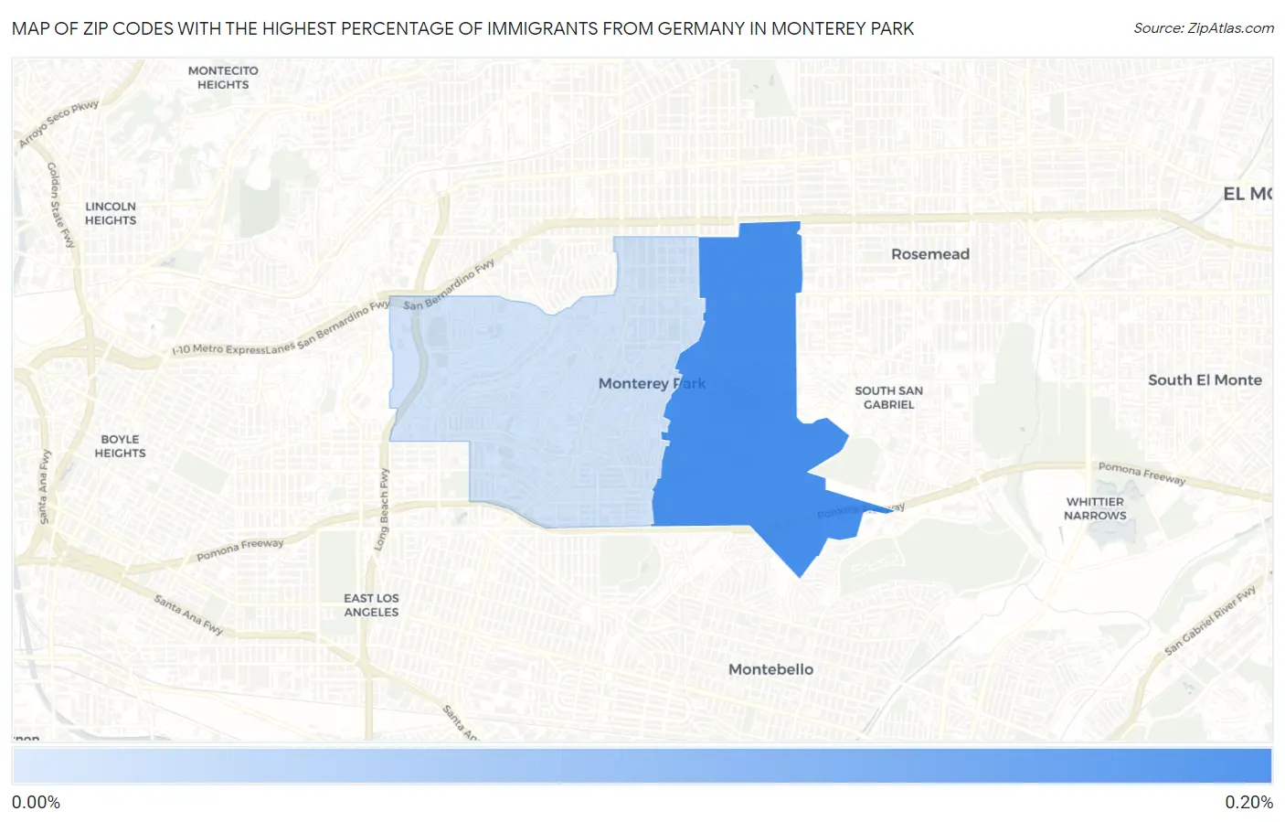 Zip Codes with the Highest Percentage of Immigrants from Germany in Monterey Park Map