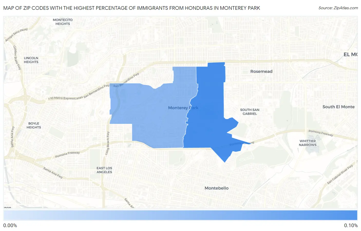 Zip Codes with the Highest Percentage of Immigrants from Honduras in Monterey Park Map