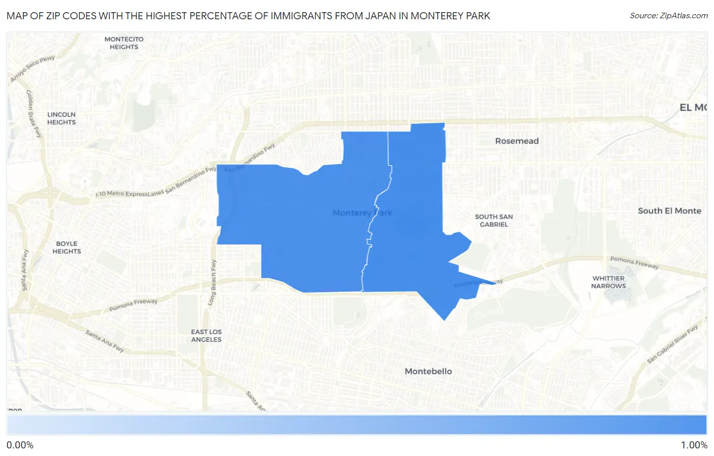 Zip Codes with the Highest Percentage of Immigrants from Japan in Monterey Park Map