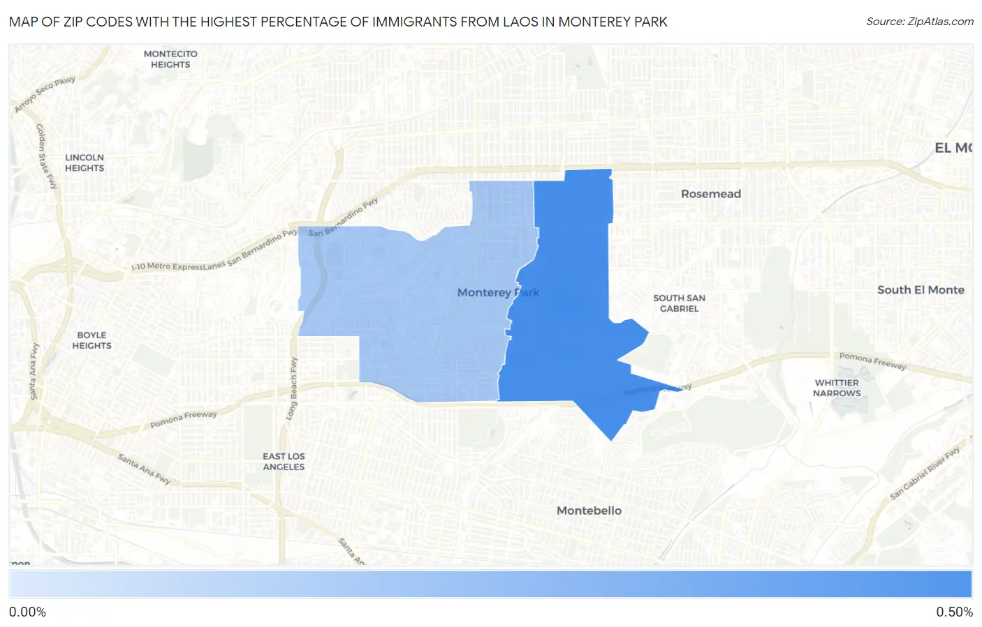 Zip Codes with the Highest Percentage of Immigrants from Laos in Monterey Park Map