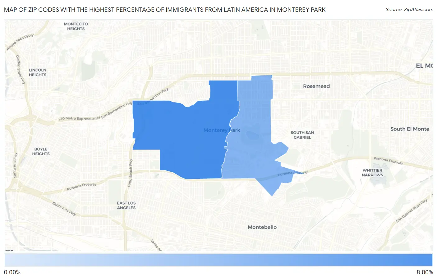 Zip Codes with the Highest Percentage of Immigrants from Latin America in Monterey Park Map