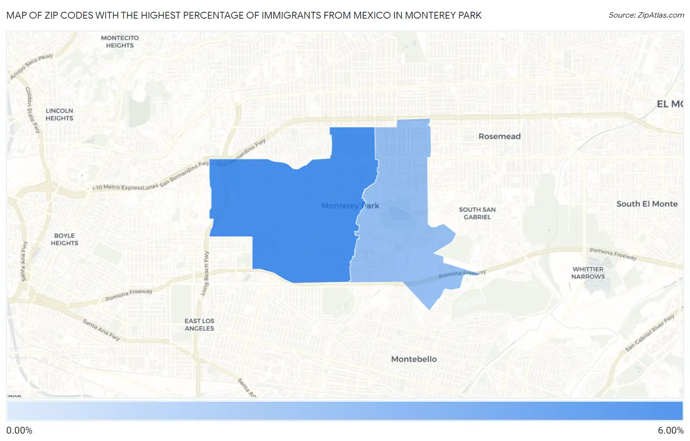 Zip Codes with the Highest Percentage of Immigrants from Mexico in Monterey Park Map