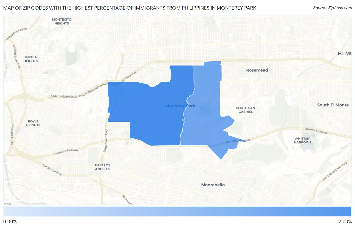 Zip Codes with the Highest Percentage of Immigrants from Philippines in Monterey Park Map