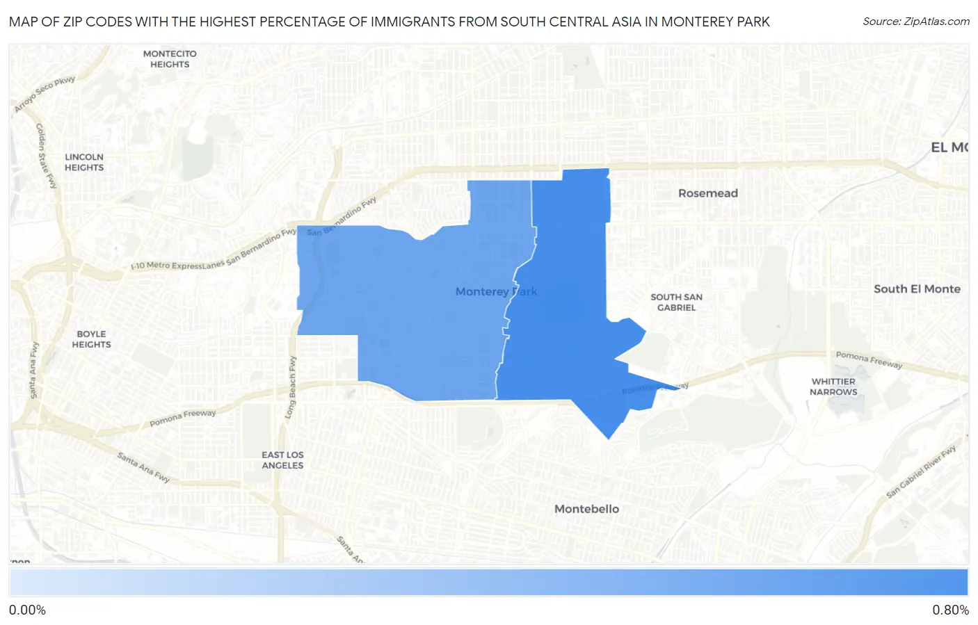 Zip Codes with the Highest Percentage of Immigrants from South Central Asia in Monterey Park Map
