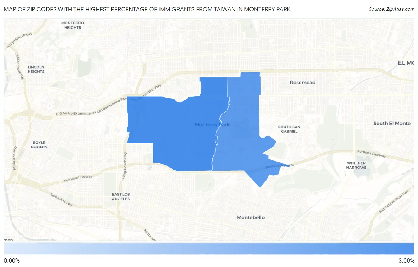 Zip Codes with the Highest Percentage of Immigrants from Taiwan in Monterey Park Map