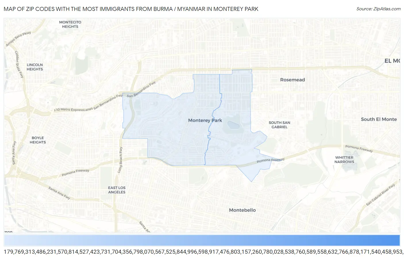 Zip Codes with the Most Immigrants from Burma / Myanmar in Monterey Park Map