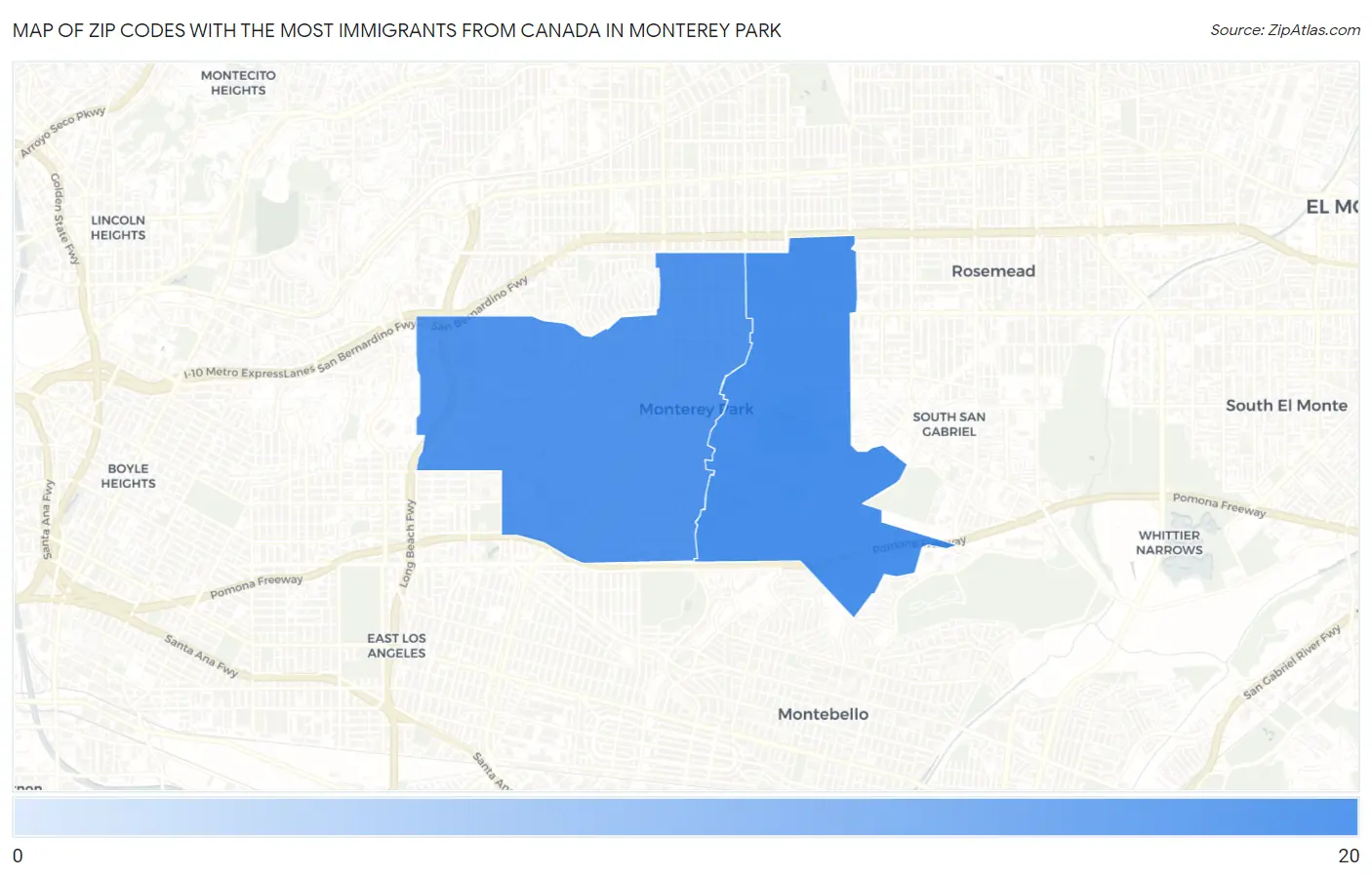 Zip Codes with the Most Immigrants from Canada in Monterey Park Map
