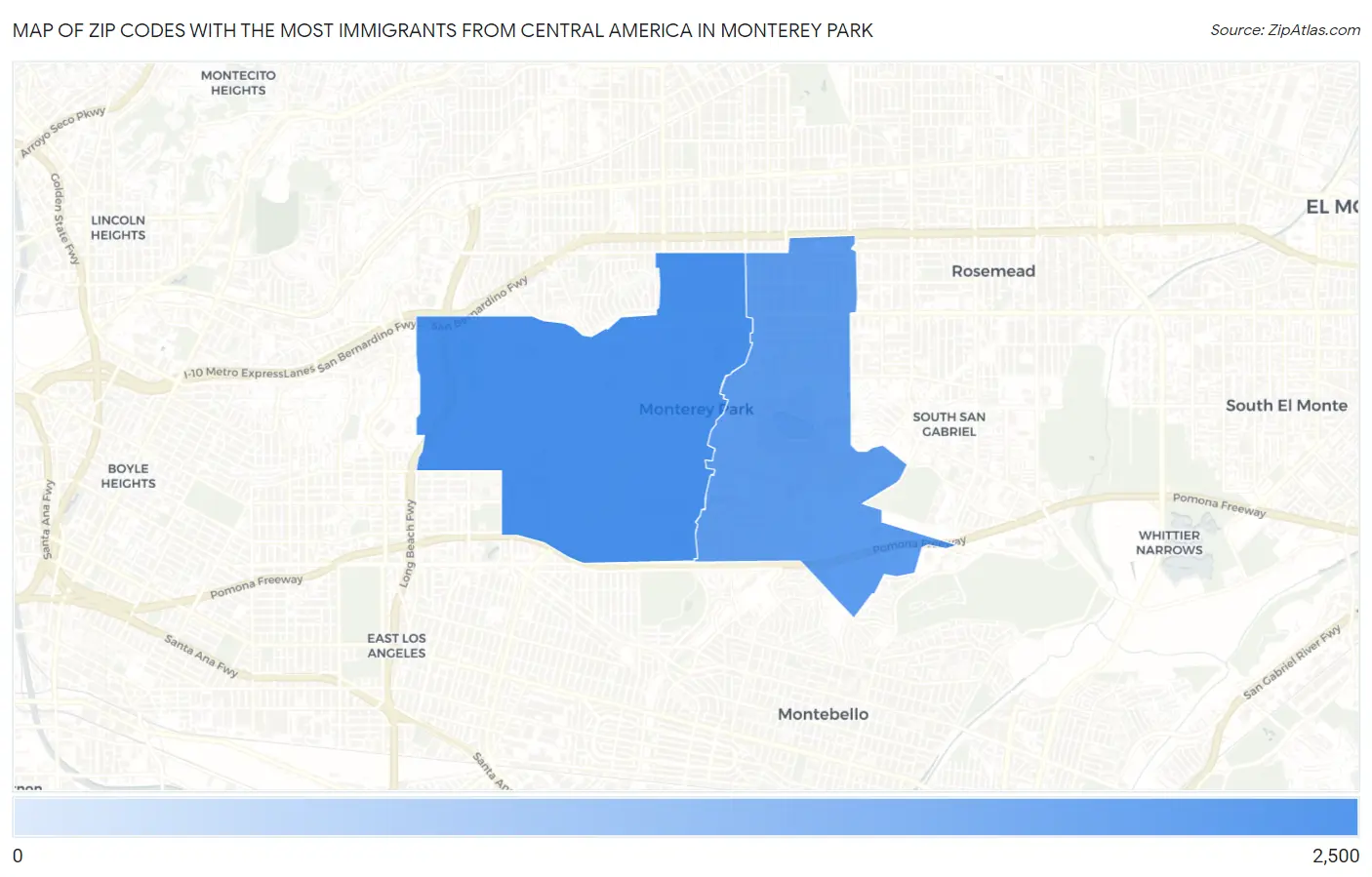 Zip Codes with the Most Immigrants from Central America in Monterey Park Map