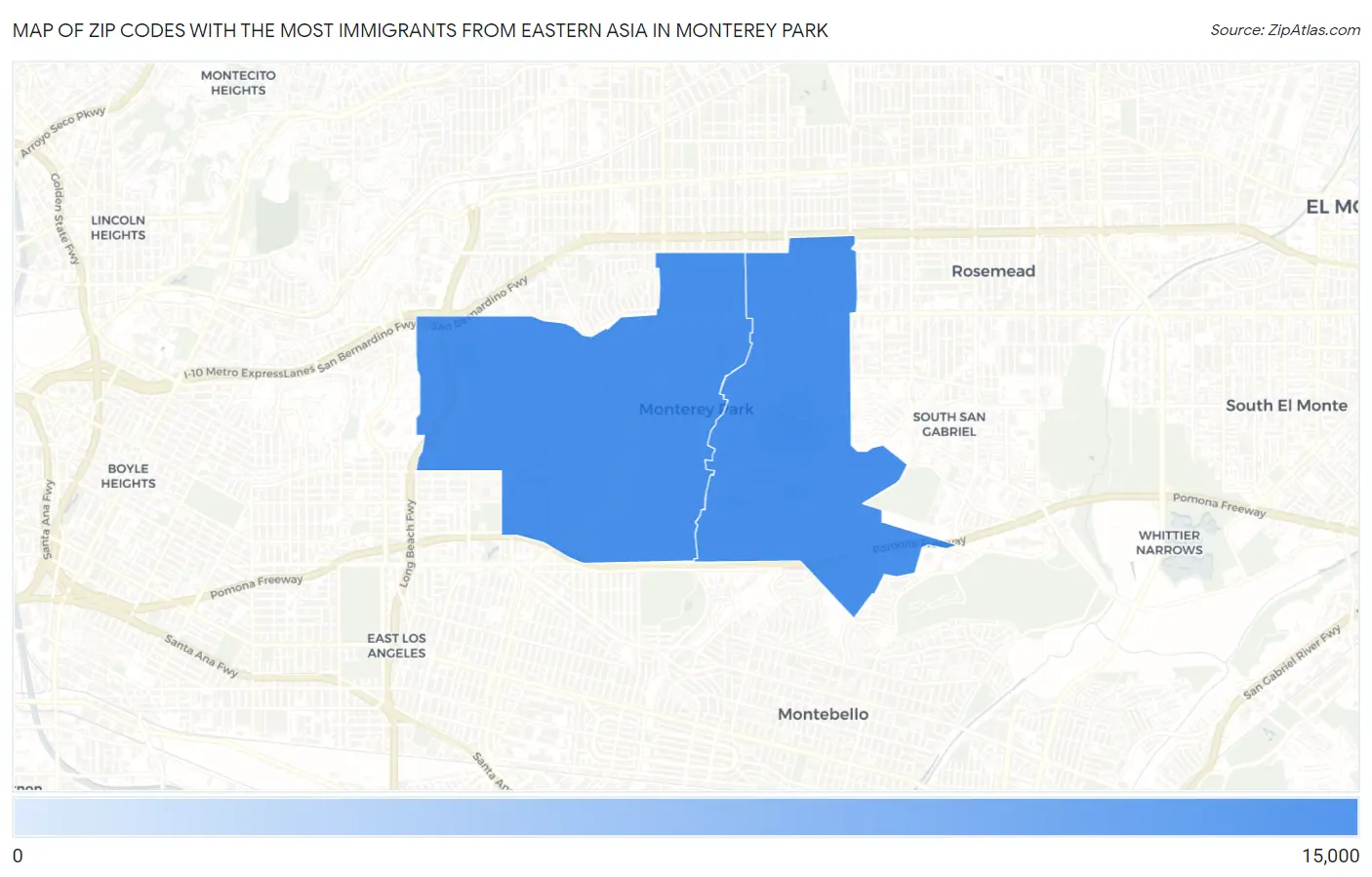 Zip Codes with the Most Immigrants from Eastern Asia in Monterey Park Map
