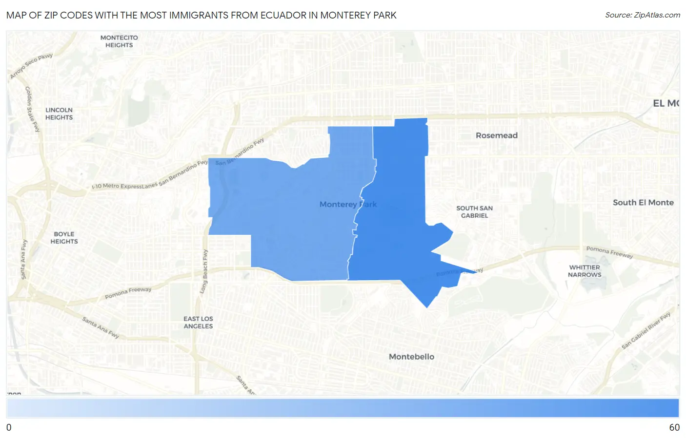 Zip Codes with the Most Immigrants from Ecuador in Monterey Park Map