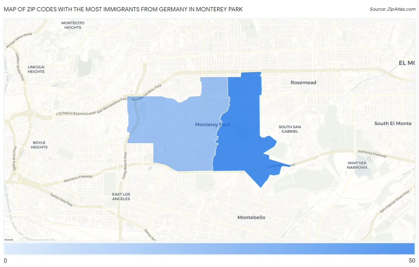 Zip Codes with the Most Immigrants from Germany in Monterey Park Map