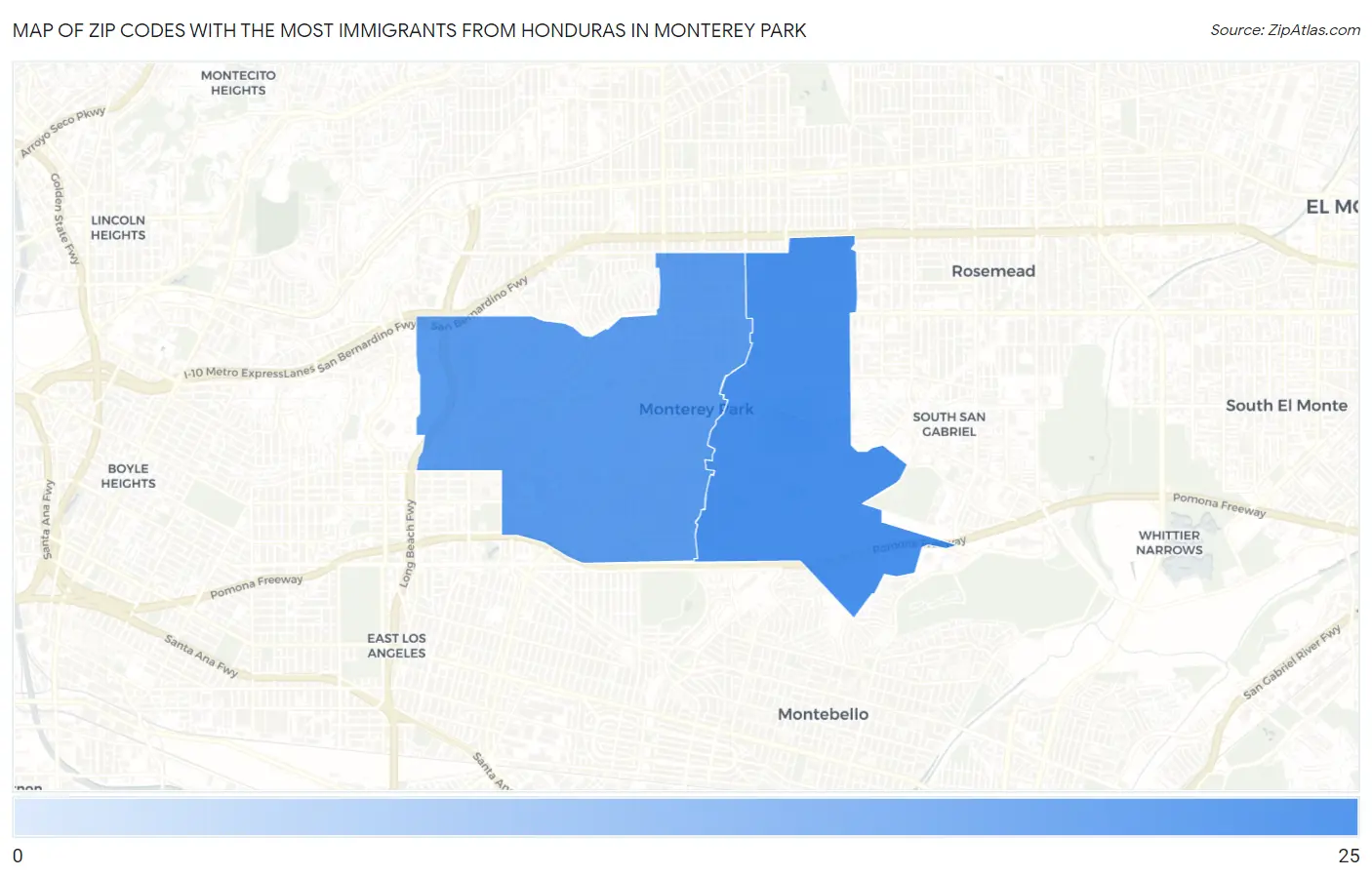 Zip Codes with the Most Immigrants from Honduras in Monterey Park Map