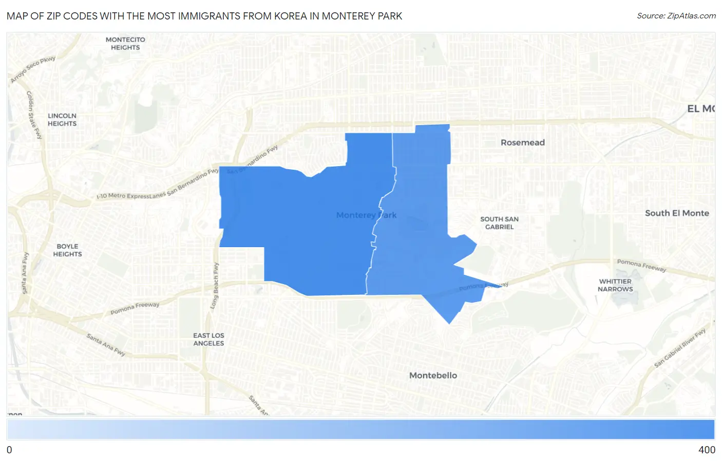 Zip Codes with the Most Immigrants from Korea in Monterey Park Map