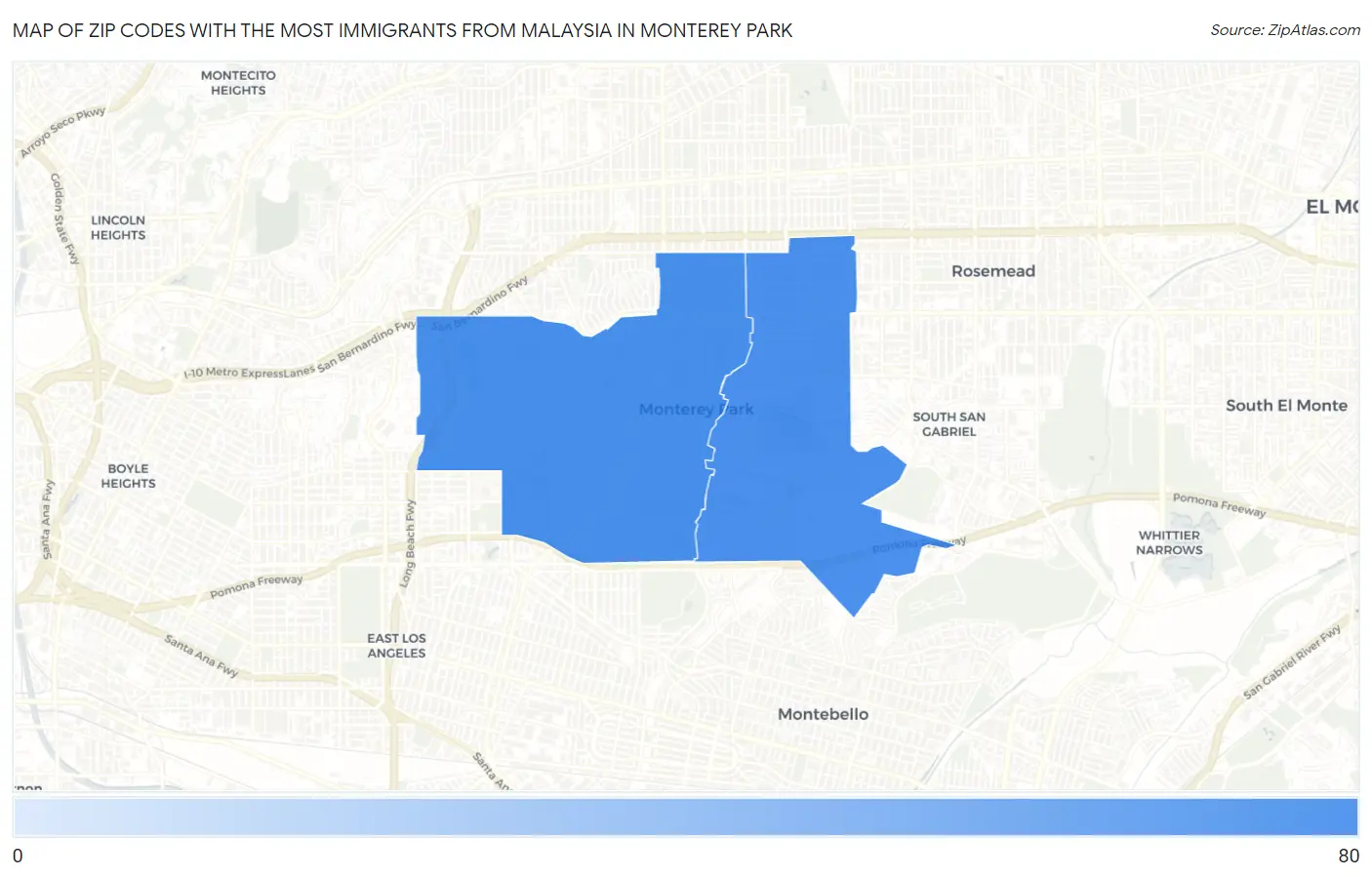 Zip Codes with the Most Immigrants from Malaysia in Monterey Park Map