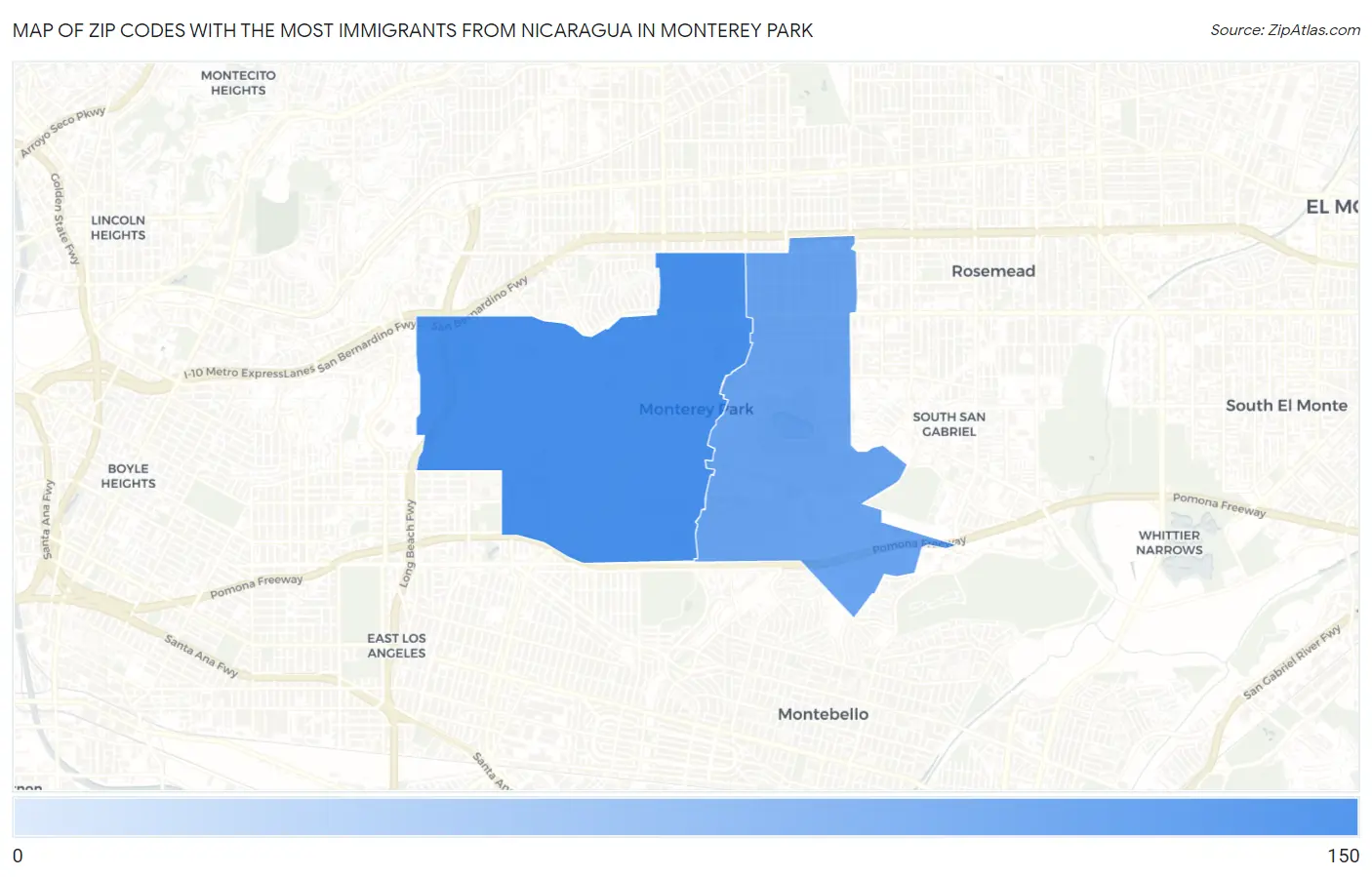 Zip Codes with the Most Immigrants from Nicaragua in Monterey Park Map